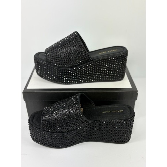 Azalea Wang Shoes - Azalea Wang Arachna Black Rhinestone Platform Wedge Slide Sandals Womens 8.5